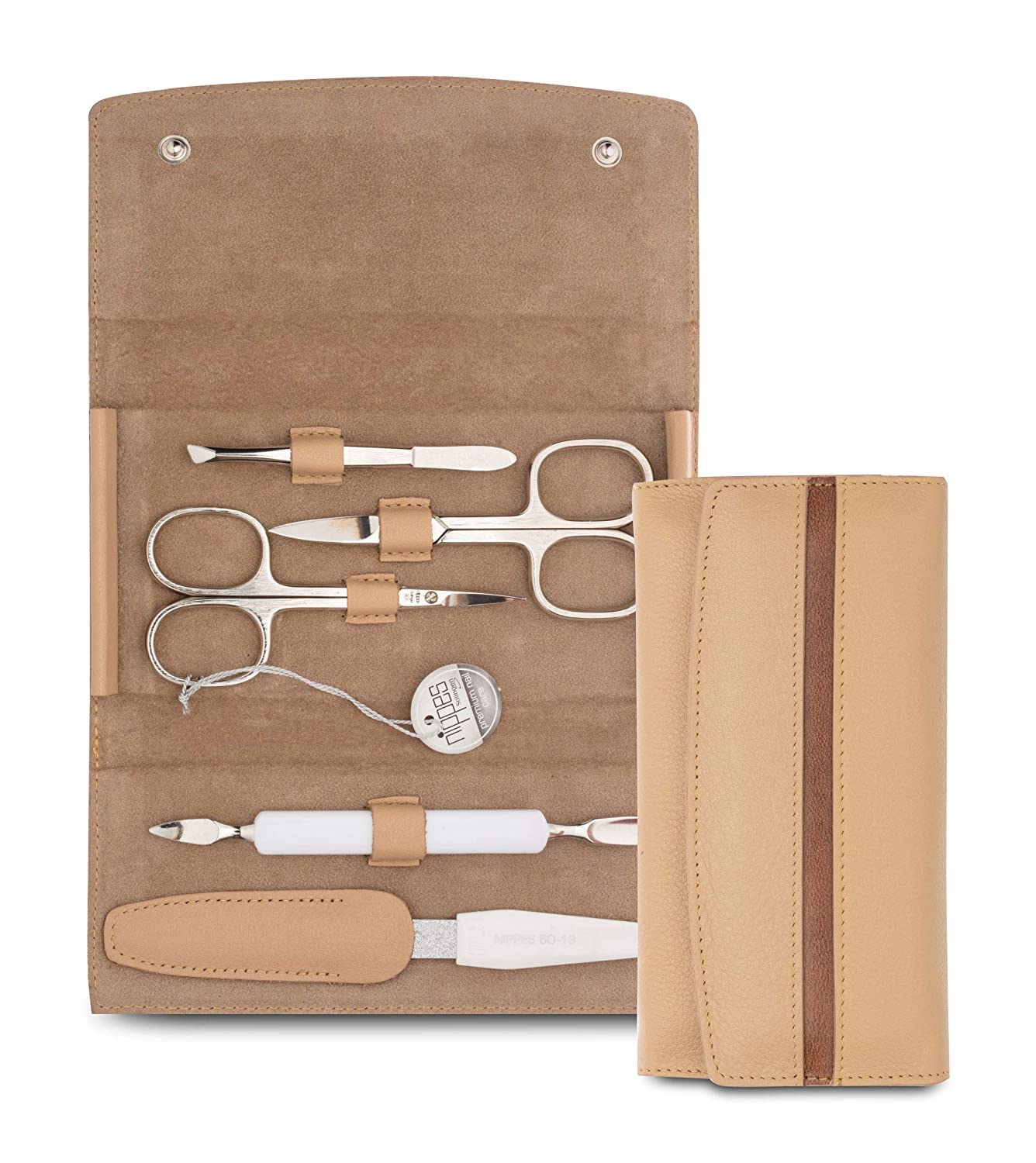 Nippes Solingen Nippes Premium Line 5 Piece Manicure Set Real Cowhide Leather Case with Snap Button - Light Brown
