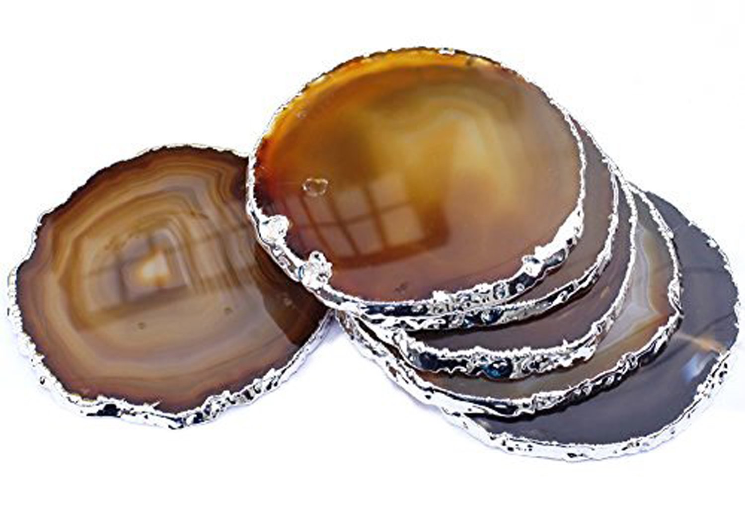 JIC Gem Silver Plated Natural Agate Coasters, 6 pcs Set, 3-4", with Rubber Bumper