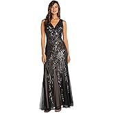 R&M Richards Women's Luxurious Sequin Embellished Gown | V-Neck Formal Beaded Maxi Dress W/Contrast Lining & Godet Skirt