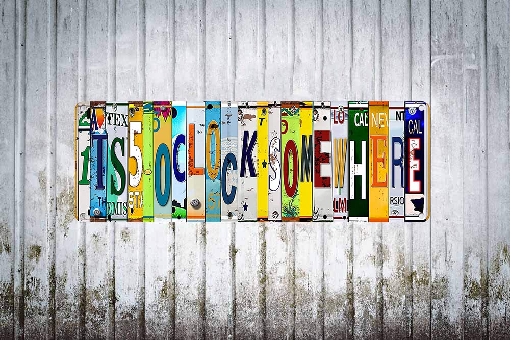 Five O Clock Somewhere Unique Metal Wall Decor for Home, Diner, 16 x 6 Inches,Fun Kitchen Decor, Unique Drinking Sign, Funny