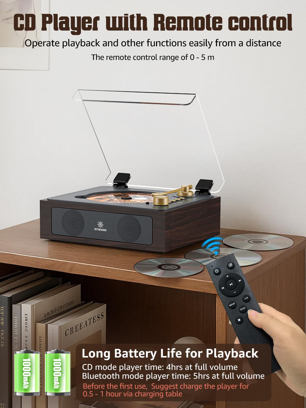 CD Player with Built-in Speakers Bluetooth Retro Portable CD Players for Home Music Player with Remote Control Headphone Jack Walnut Brown