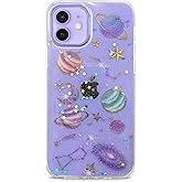 Abbery Designed for iPhone 12/iPhone 12 Pro Stars Moon case, Clear with Design Cute Bling Glitter Sparkle Soft TPU Flexible Rubber Star Moon Aesthetic Phone Case for Women Girls (Planet)