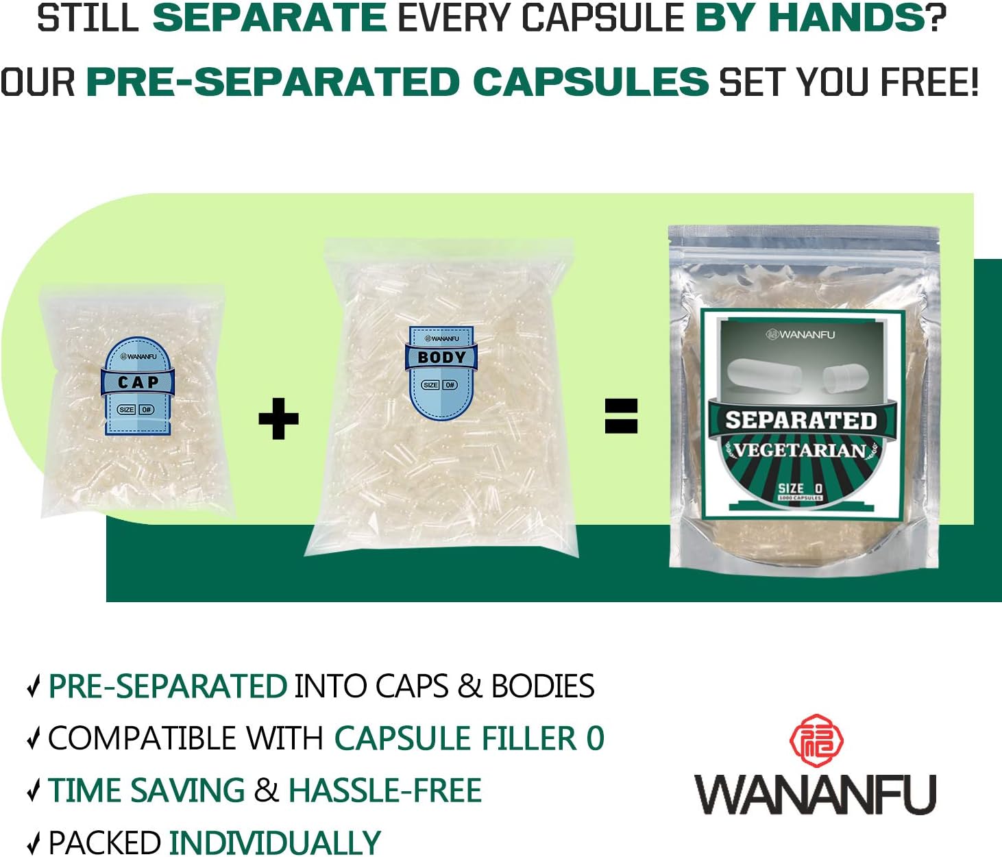 WANANFU Separated Empty Capsules Size 0 Vegetarian (1000 Count), Compatible with Capsule Filling Machine 0 - Image 3