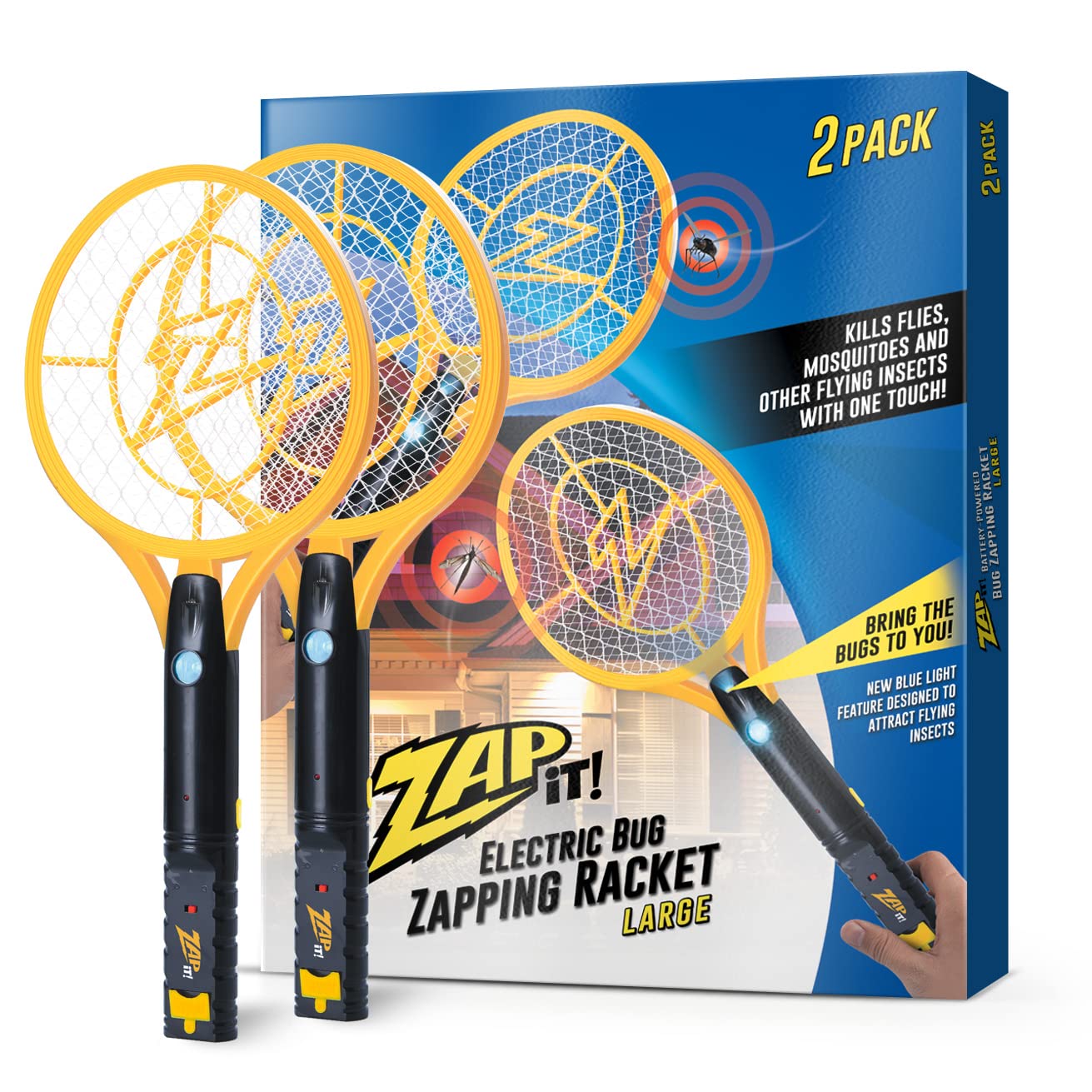 Photo 1 of ZAP iT! Electric Fly Swatter Racket & Mosquito Zapper with Blue Light Attractant - High Duty 4,000 Volt Electric Bug Zapper Racket - Fly Killer USB Rechargeable Fly Zapper Indoor Safe - 2 Pack, Yellow