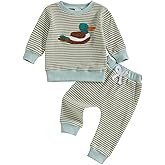 fhutpw Baby Toddler Boy Girl Fall Winter Clothes Embroidery Stripe Pullover Pants Sets Infant Long Sleeve Sweatshirt Outfits