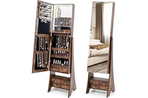 CHARMAID Jewelry Cabinet with LED Light Strip, Floor Jewelry Armoire with 62.5'' High Full Length Mirror, Vanity Mirror, Foldable Makeup Shelf, Jewelry Organizer Storage 6 Drawers (Rustic Brown)