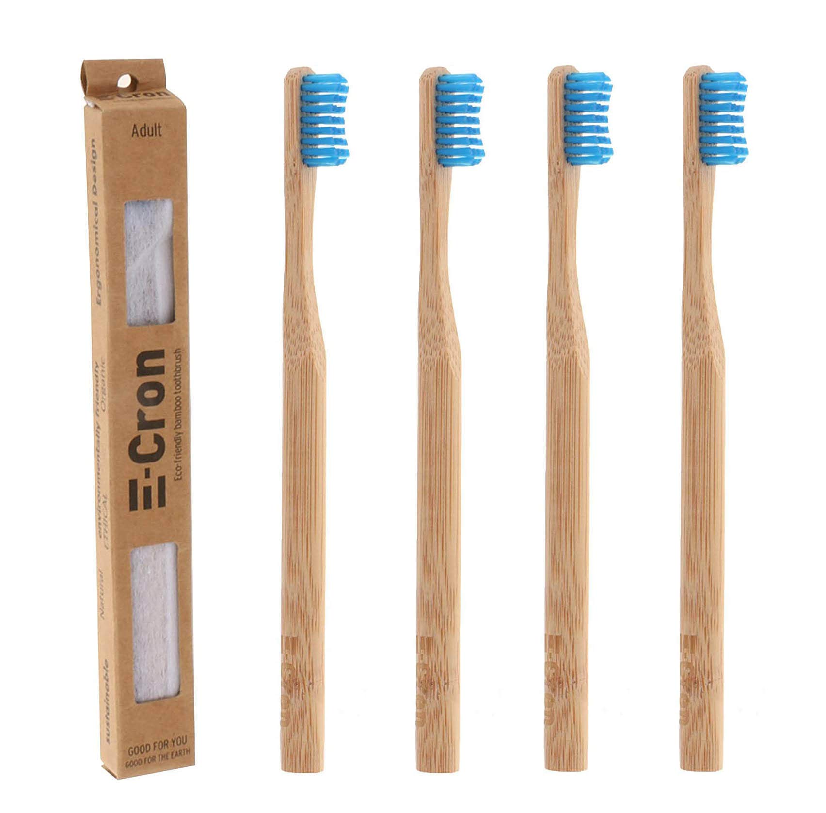 4 x E-Cron Bamboo Toothbrush (Blue) with Eco-friendly, 100% organic and biodegradable toothbrush handle. Your Natural Dental Care with The clean and warm touch of The bamboo.