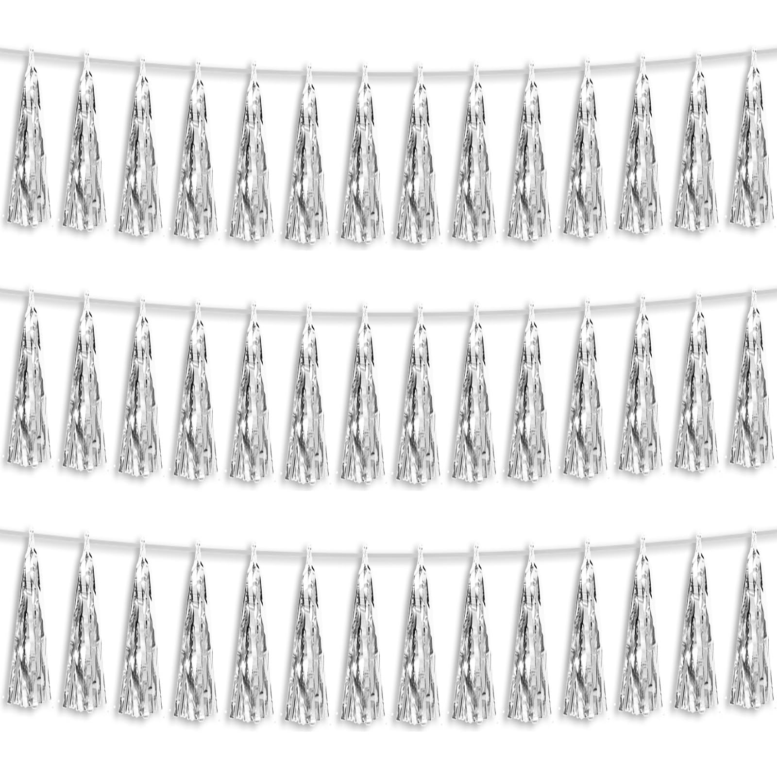 Photo 1 of 3P Silver Foil Fringe Metallic Tassel Streamers Banner Tassel Garland for Parade Floats, Bachelorette, Wedding, Birthday, Halloween, Christmas, Bridal/Baby Shower Party Decorations