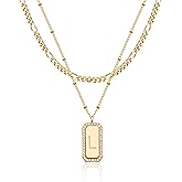 TONTMY STUDIOS Gold Initial Necklace for Women 14K Gold Plated Figaro Chain Choker Layered Necklaces Set Bar Rectangle Pendant Necklaces Simple Dainty Letter Necklace Everyday Gold Jewelry