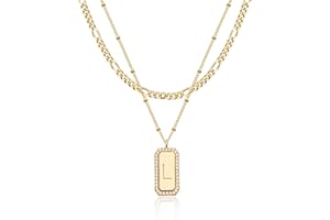 TONTMY STUDIOS Gold Initial Necklace for Women 14K Gold Plated Figaro Chain Choker Layered Necklaces Set Bar Rectangle Pendant Necklaces Simple Dainty Letter Necklace Everyday Gold Jewelry
