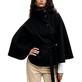 OPCAKM Women's Batwing Sleeve Poncho Coat Oversized Winter Pea Coat Stand Collar Cropped Cape Jacket with Belt