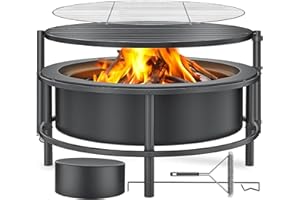 TMWINGS Fire Pits for Outside Wood Burning, Large Outdoor Fire Pit Stove with Roating Table and BBQ Grill, Cold Finished Steel Round Firepit Bowl with Poker, Waterproof Cover, Grill Brush