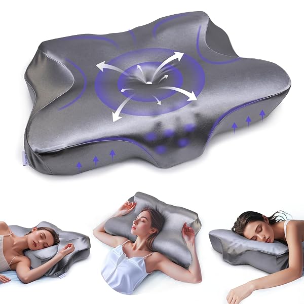 MIMCAT PAIN RELIEF COOLING PILLOW FOR NECK SUPPORT ADJUSTABLE CERVICAL PILLOW SIDE SLEEPING MEMORY FOAM WITH SUPER SOFT AND COOLING SATIN PILLOWCASE GREY
