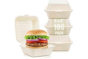 Peohud 100 Pack Clamshell Take Out Food Containers, 6 X 6" Bento Cake Box, Disposable To Go Containers, Square Hinged Contain