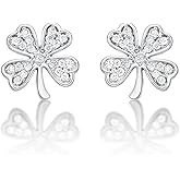 Diamond Treats Lucky 4 Leaf Clover Earrings in 925 Sterling Silver with White Cubic Zirconia Stones, Cute Four Leaf Clover Stud Earrings for Women, Dainty Silver Jewelry for Women