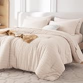 MUXHOMO Queen Comforter Set 7 Pieces, Seersucker Bed in a Bag, Beige | All-Season Luxury Queen Size Bedding Set with Comforter, Flat &amp; Fitted Sheets, Pillowcases &amp; Shams, OEKO-TEX Certified