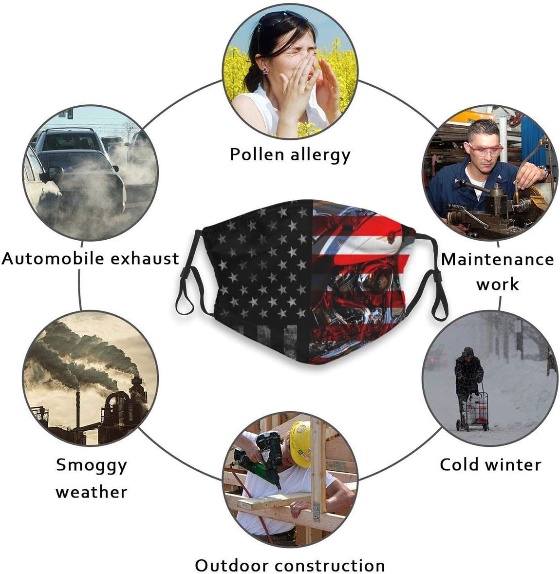 Comfy Mouth Cover with Replaceable 10 Filters Activated Carbon Guard for Outdoor Travel, Washable Skin-Friendly Adjustable Dust Cover, Vintage Black American Flag Harley Davidson Motorcycles USA Flag: Sports & Outdoors
