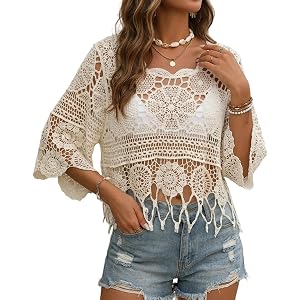 LSMARZJZ Women's Plain Fringe Trim Cut Out Sheer Cover Up, Boho Scallop Trim 3/4 Sleeve Round Neck Cover Up for Vacation
