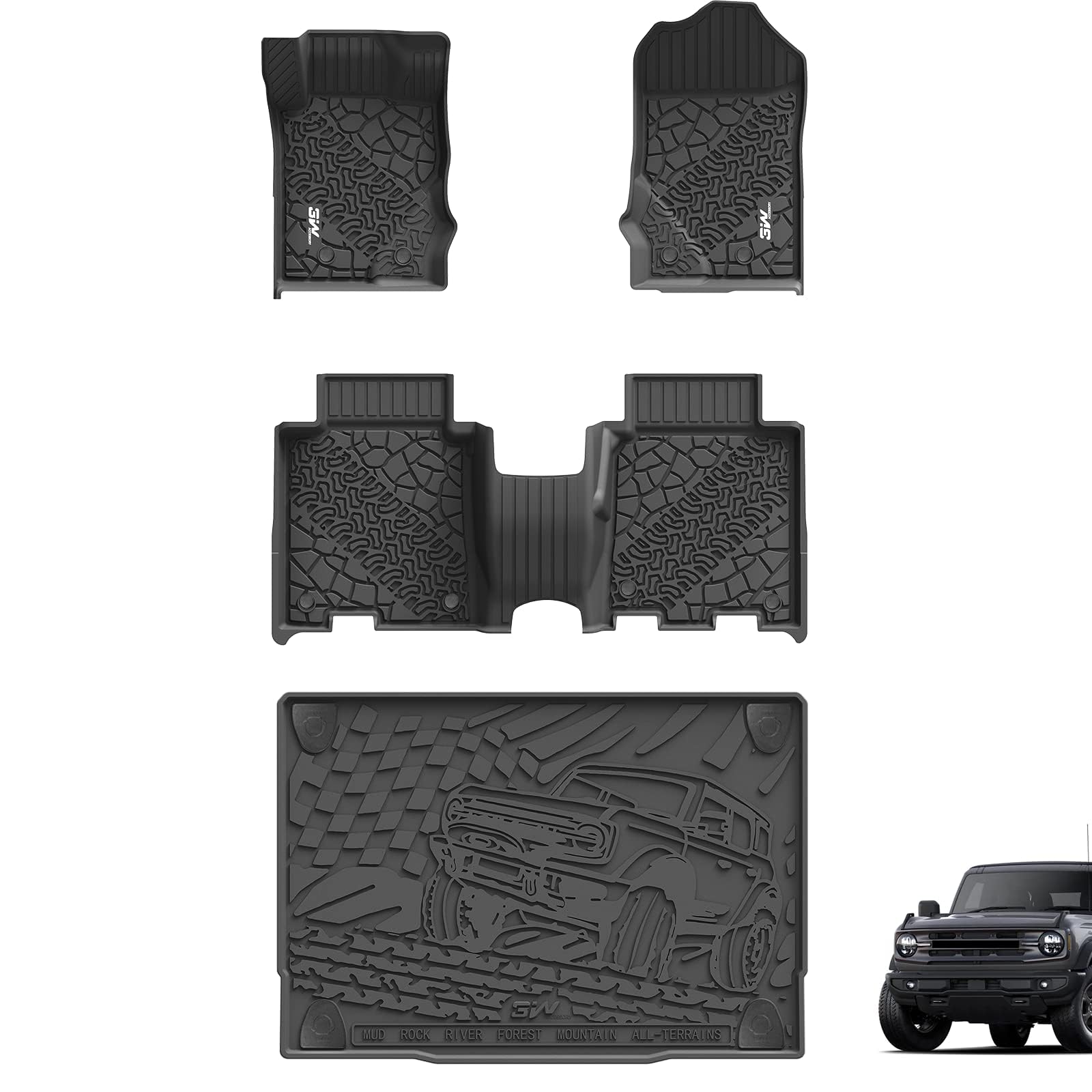 Photo 1 of **************MISSING THE LARGEST MAT*************
3W Floor Mats & Cargo Liner Fit for 2021-2025 2026 Ford Bronco 4 Door, TPE All Weather Custom Fit Floor Liner 1st 2nd Row and Full Set Trunk Mats, Black (Not for Bronco Sport & Rubberized Floor)