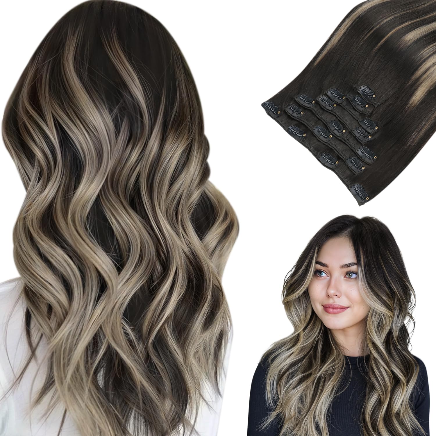 hotbanana Clip in Hair Extensions, Natural Black to Light Blonde Clips in Hair Extension Real Human Hair Double Weft Clip In human Hair Straight Remy Hair Extensions 16 inch 120g 7pcs