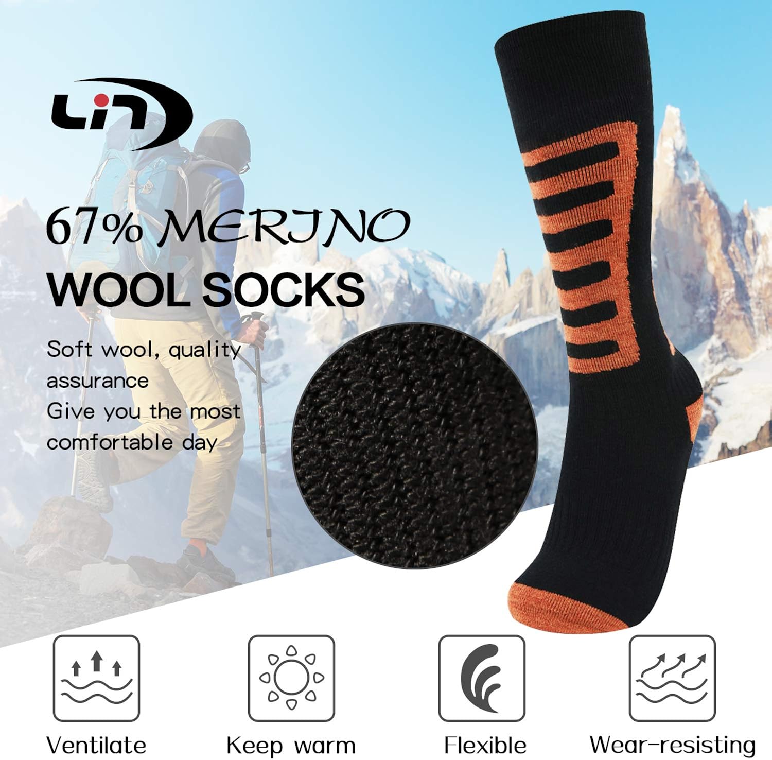 LIN 67% Merino Wool Ski Socks-Thermal Warm Knee High Cushioned Socks for Hiking Outdoor Snow Skiing Snowboard Sports : Clothing