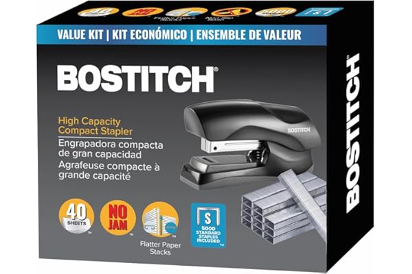 Bostitch Stapler with Staples Value Pack Set, Heavy Duty Stand Up Stapler, Black, 40 Sheet Capacity with 5000 Staples, Small