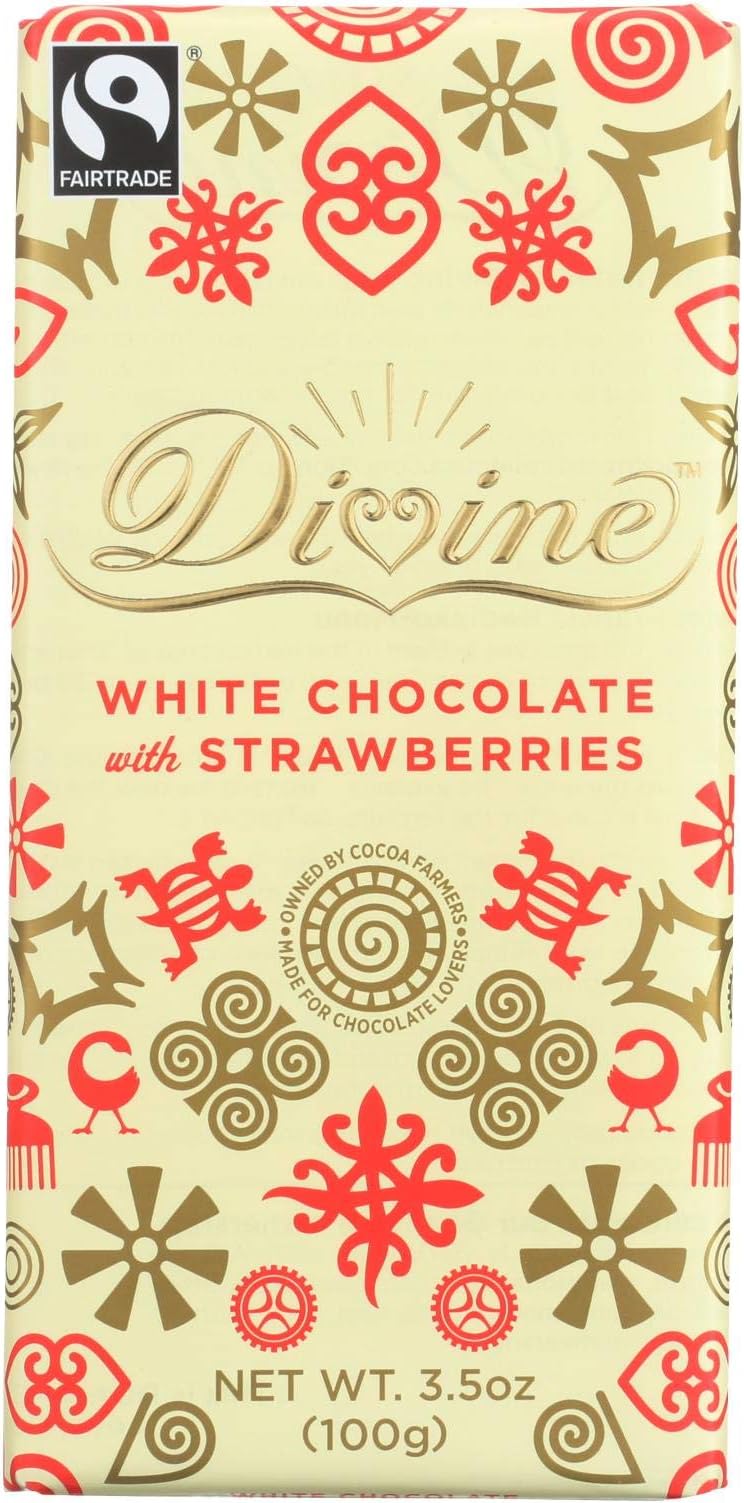 Divine Chocolate Bar - White Chocolate - Strawberry - 3.5 oz Bars - Case of 10