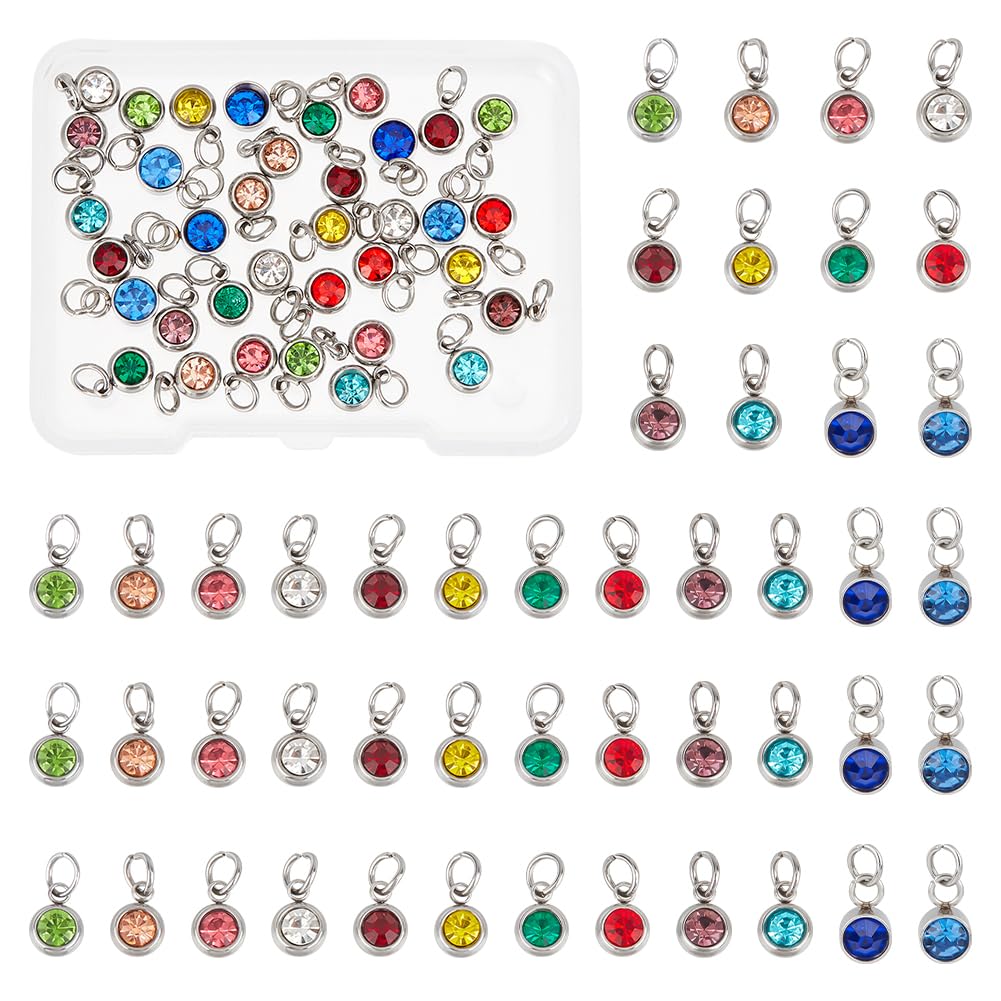 UNICRAFTALE 48Pcs 12 Colors 304 Stainless Steel Crystal Birthstone Pendants 11mm Rhinestone Beads Charms with Metal Jump Rings for Bracelet Earrings Necklace Keychain Chokers Jewelry Making