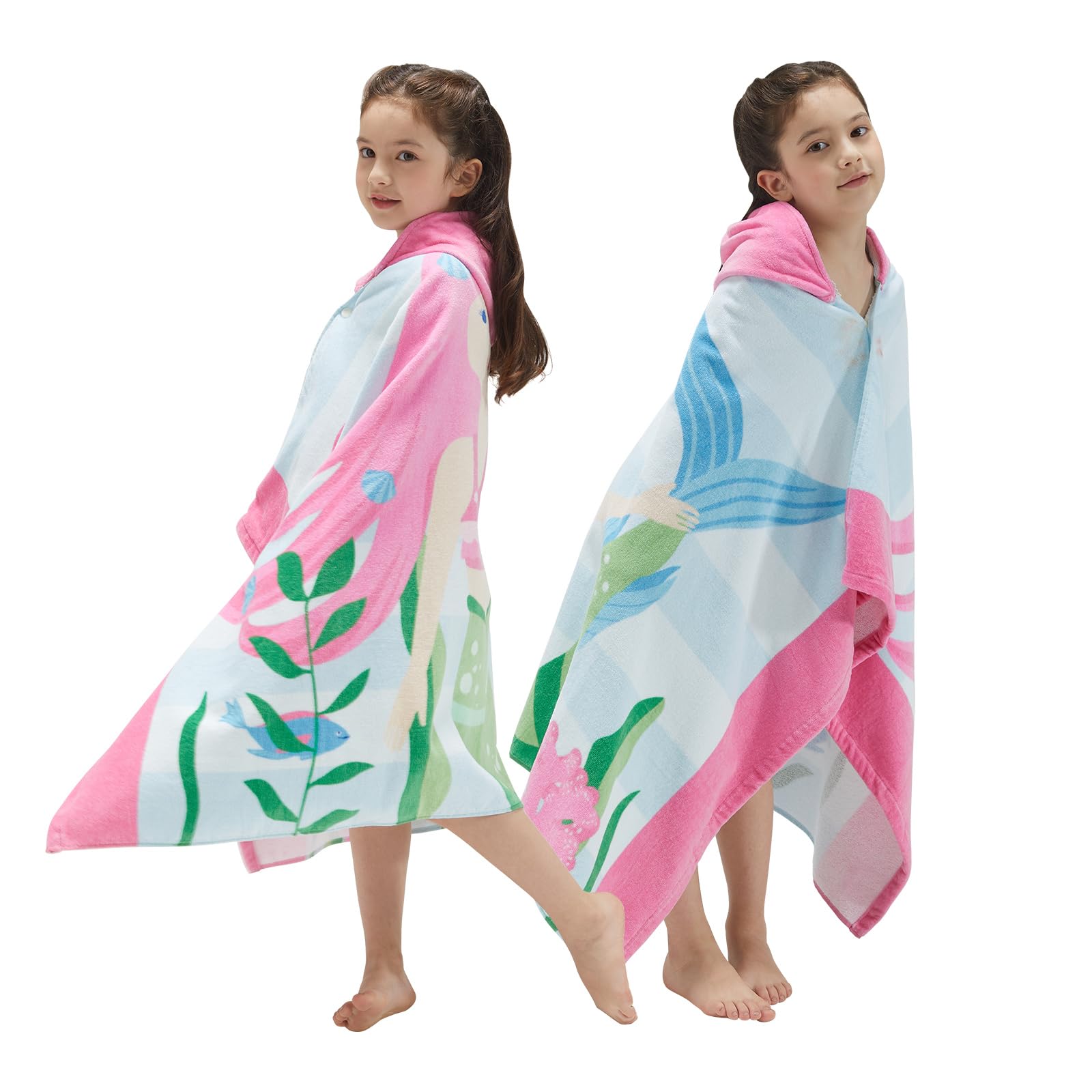 BANGSAUR Children's Hooded Bath Beach Towel, 100% Cotton 50"x30" Wrap, Kids Toddlers Girls Boys 3-12 Years Coverup(Pink Hair Mermaid)