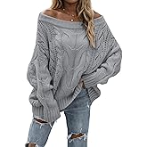 LAJIOJIO Womens Sexy Off The Shoulder Sweaters Oversized Knit Long Sleeve Crochet Pullover Sweater Top