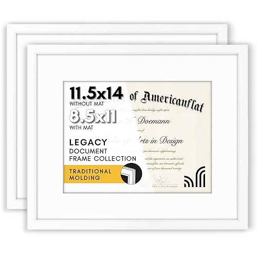 Americanflat 11.5x14 Picture Frame with Polished Plexiglass - Set of 2 - Use as 8.5x11 Frame with Mat or Display 11.5x14 Photo Without Mat - Galleria Collection - Picture Frames for Wall - White