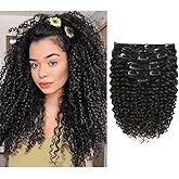 Loxxy Jerry Curly Natural Black Color Clip in Human Hair Extensions Real Remy Human Hair 120 Gram 3B 3C Curl Double Weft Full Head for Black Women with 7 Pieces 17clips Per Pack 12 Inch #1B