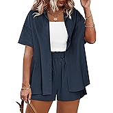 IN'VOLAND Women's Plus Size 2 Piece Tracksuit Outfits Sets Cotton Linen Sets Short Sleeve Shirt Summer Casual Shorts Set