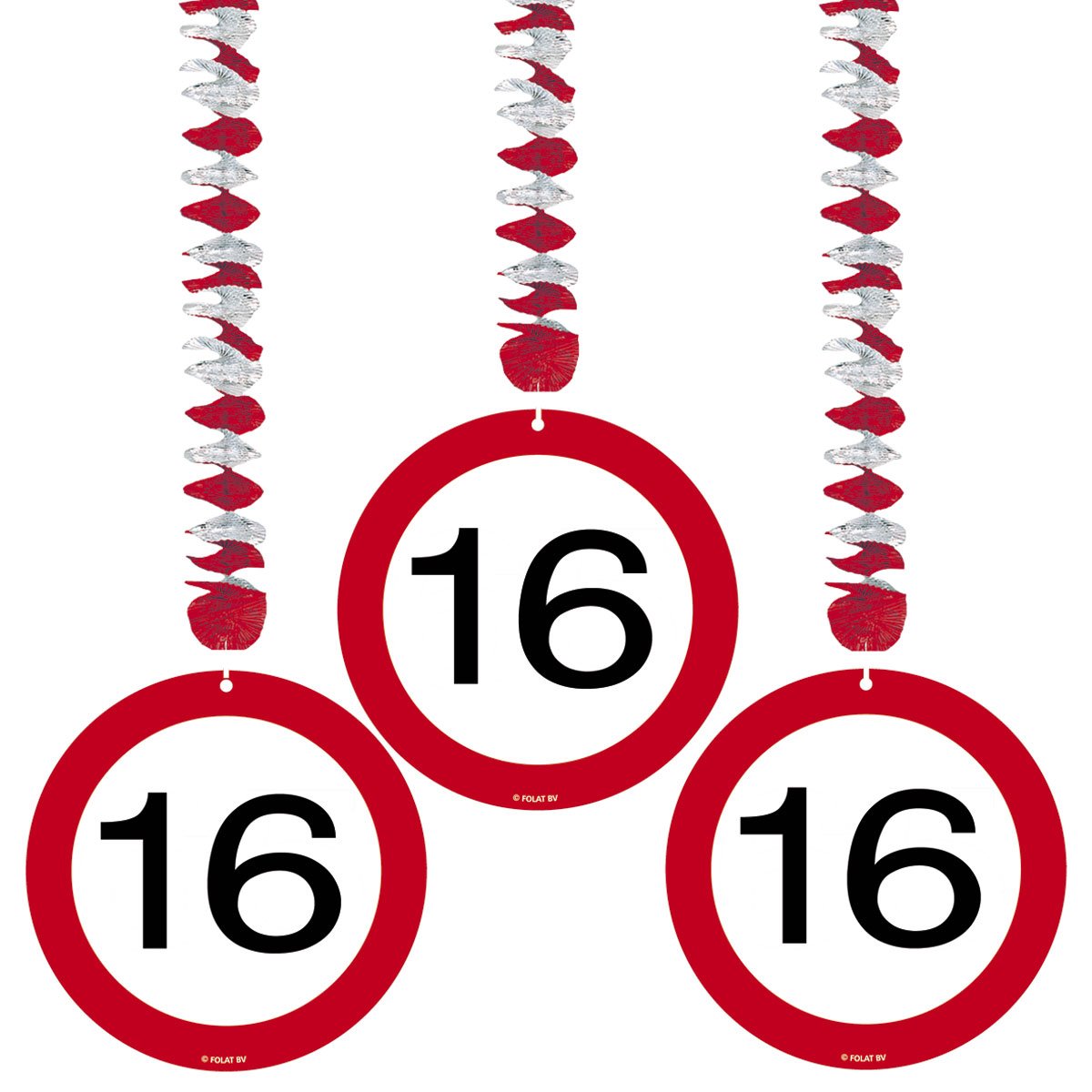 Traffic Sign 16th Party Hanging décor Pack of 3, 3 Traffic Sign Designs on foil spiral hanging decorations