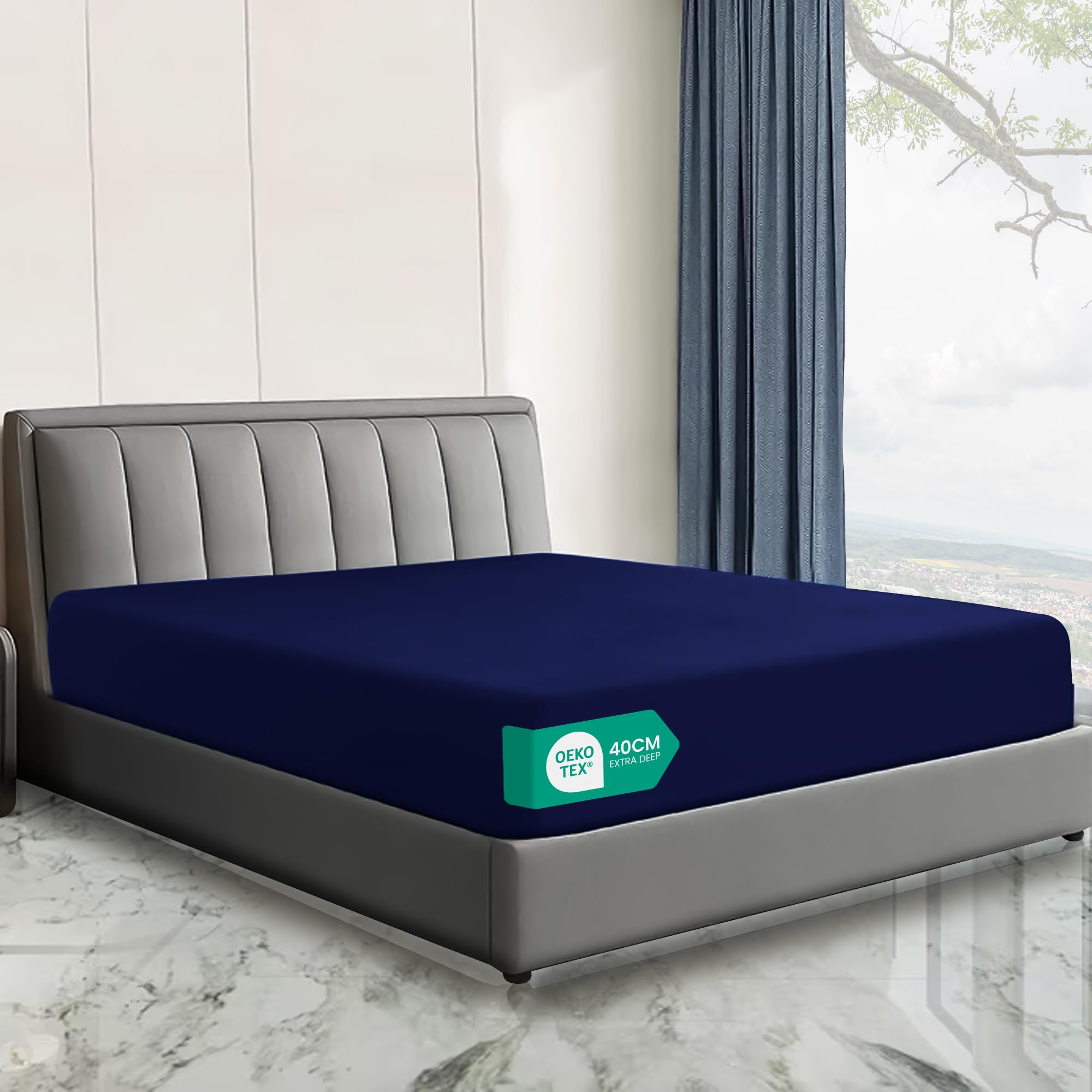 Linens World Microfiber Fitted Sheets King Size Breathable, Anti Wrinkle 40cm Deep Pocket Bed Sheets Bedding & Linen 152X200-CM Navy/Royal Blue Bedding King Size Fitted Sheets โ image 1