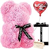 ZISHI Gifts for Women - Rose Flower Bear - Rose Bear,Pure Handmade Rose Teddy Bear,Gift for Mothers Day,Valentines Day, Anniversary and Bridal Showers,w/Clear Gift Box and Greeting Card (Light Pink)