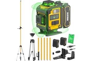 Alloyman 4x360°Self Leveling Laser Level, 12 Ft./3.7M Professional Laser Level Pole with Tripod, Green Line Lazer Leveler Tool with 2* Li-ion Batteries for Picture Hanging, Tile, Home Renovation