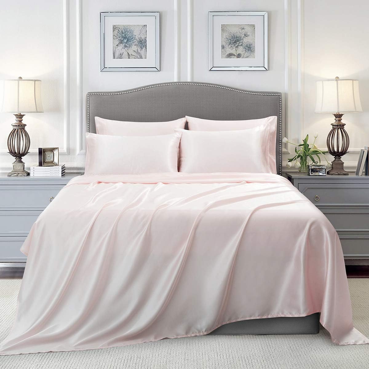 Homiest 6-Pieces Satin Sheets King Size Luxury Silky Satin Bedding Set with Deep Pocket 1 Fitted Sheet + 1 Flat Sheet + 4 Pillowcases, Mint Green: Home & Kitchen