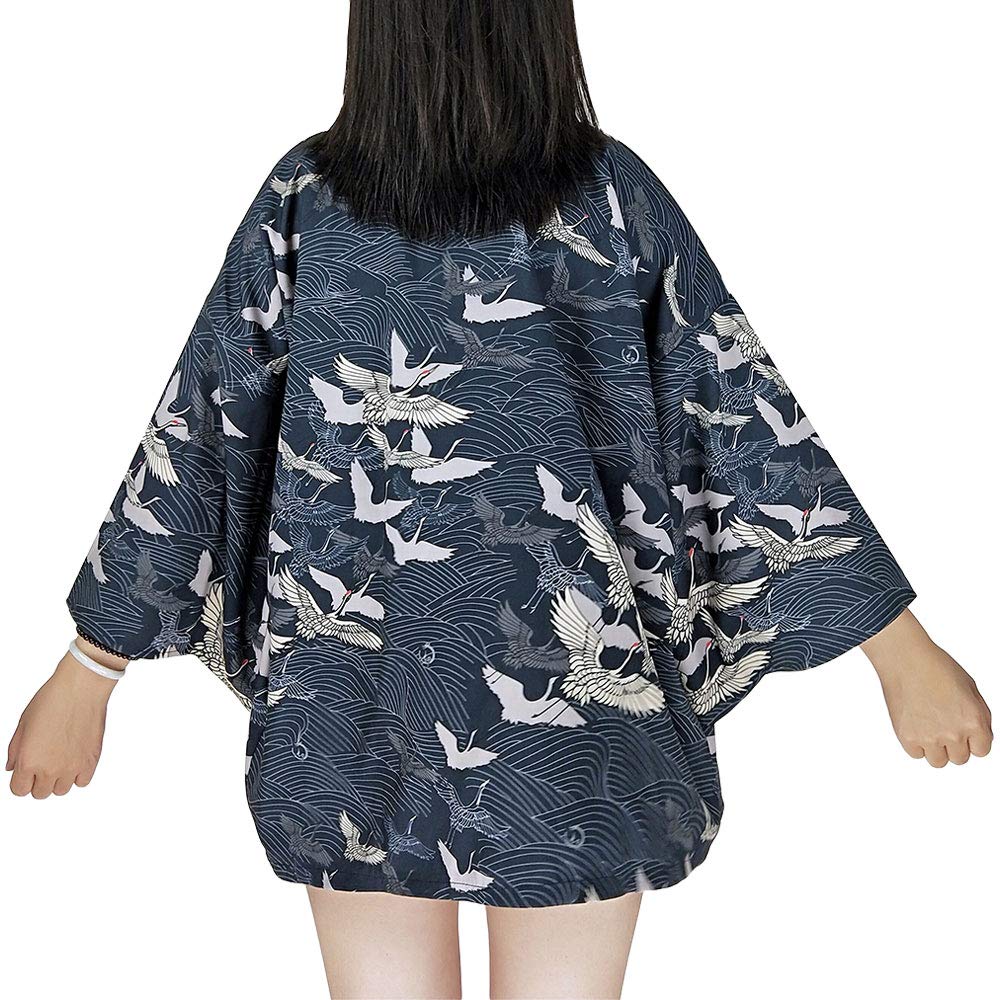 G-LIKE Women Japanese Kimono Cardigan - Autumn Harajuku Ancient Style Bathrobe Cardigan Sunscreen Clothes Pajamas Jacket Feather Knitting Coat (Blue Crane)