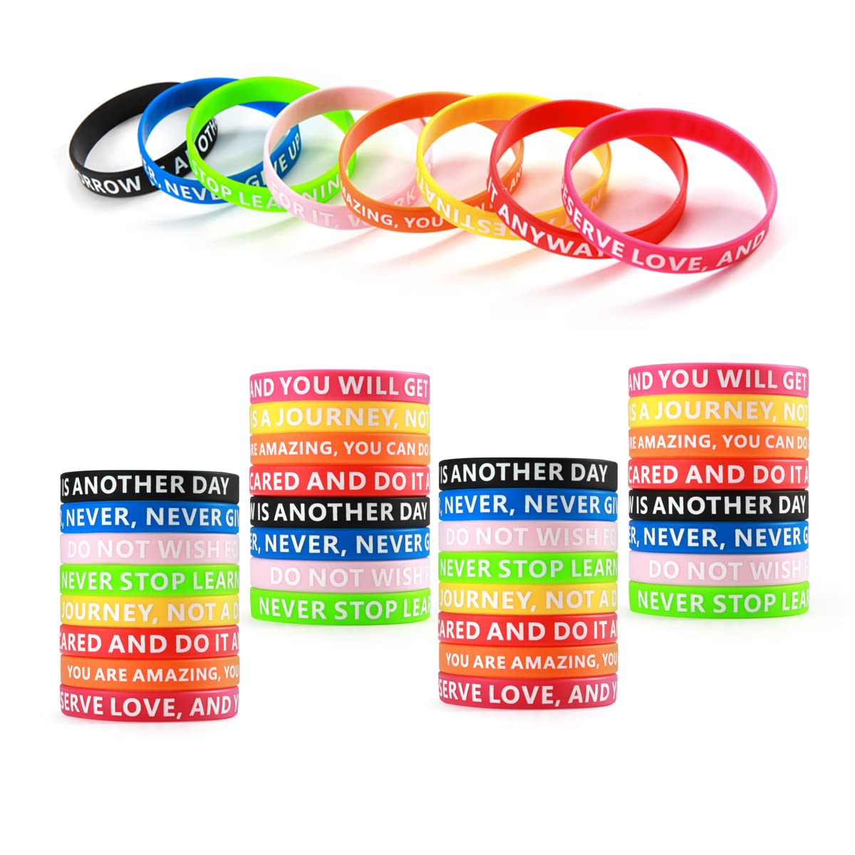 LTDOOIT 32pcs Silicone Motivational Wristbands for Men Women, Silicone Rubber Bracelet 8 Color Pink Black Red Blue Yellow with Inspirational Motivation Quotes for Football Gym Sport Party