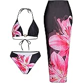 Verdusa 3 Piece Swimsuits for Women Floral Halter String Bikini Top Panty with Sheer Cover Up Skirt