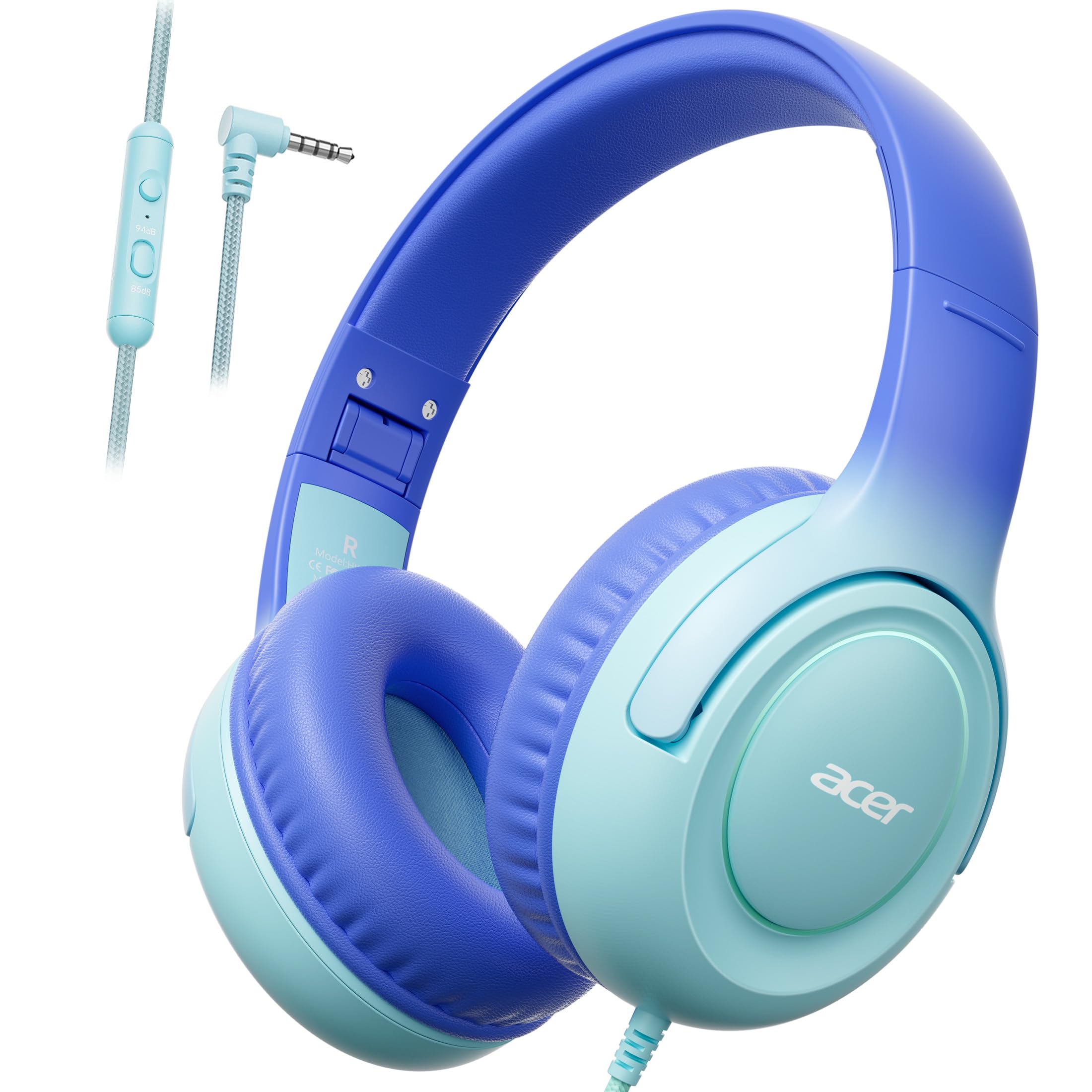 acer Kids Headphones - 85/94dB Volume Limiter, Foldable Wired Over Ear Headphones for Travel, 3.5mm Jack, Toddler Headphones for School, Travel, iPad, Tablet, Blue Gradient Image