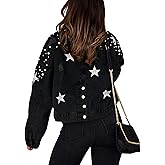 Esmeling Womens Cropped Pearls Beading Jean Jacket Ripped Star Embroidered Denim Jacket Coat
