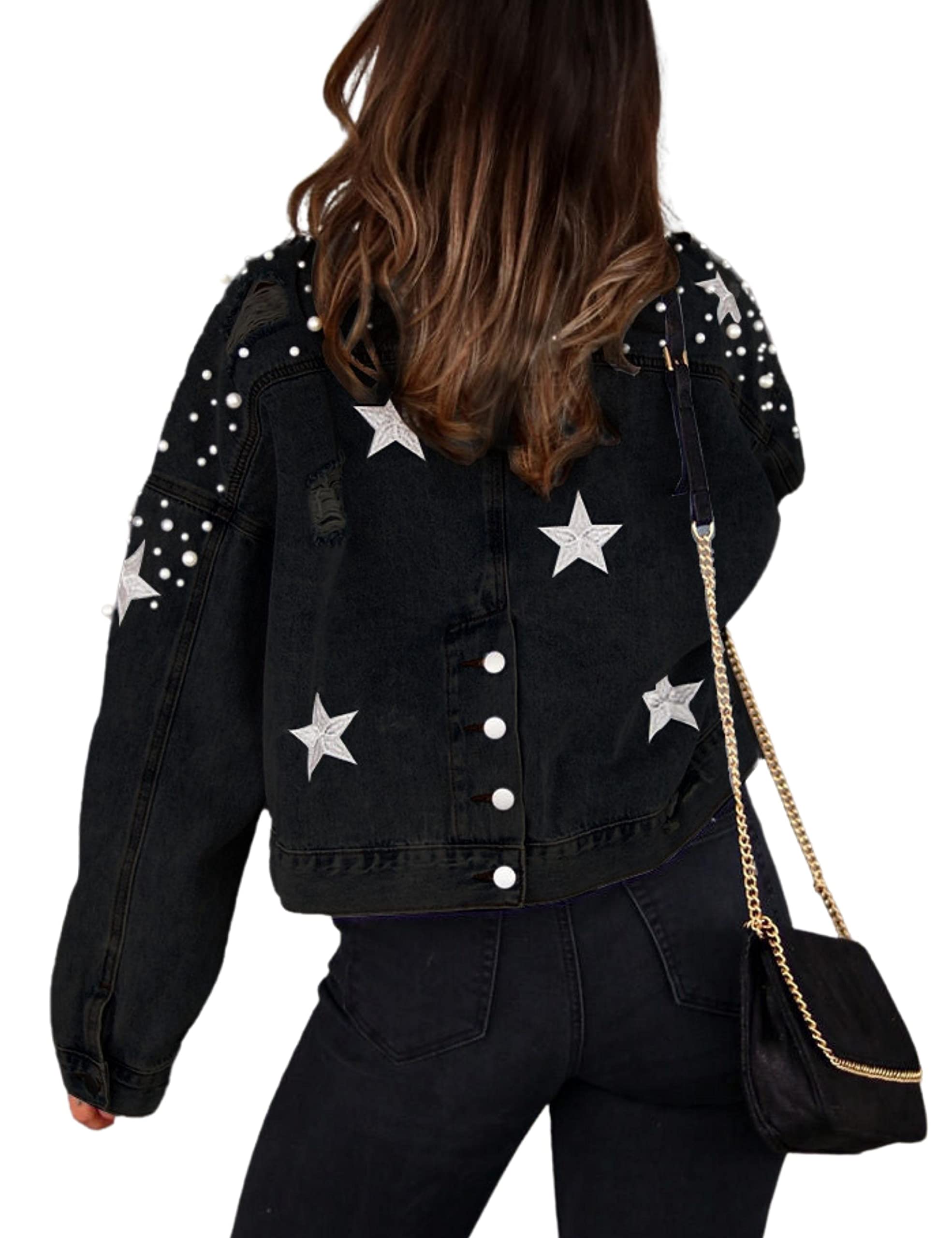 Photo 1 of Esmeling Womens Cropped Pearls Beading Jean Jacket Ripped Star Embroidered Denim Jacket Coat (0594-Black-M)