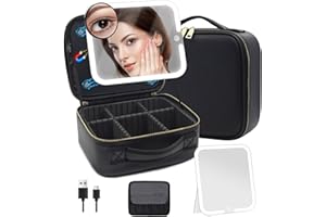 SUUPVAOR Travel Makeup Bag with Large Magnetic Removable Lighted Mirror, Cosmetic Organizer Bag Makeup Case with Mirror and Lights 3-Color Modes Adjustable Brightness 360° Angle, Makeup Travel Train Case Gift