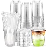 100PCS 12 oz Disposable Plastic Cups with Flat Lids and Clear Straws, Round Bottom To Go Iced Coffee Cups, Small Sturdy Drink Cups for Soda, Smoothies, Cold Beverage, Juice Bars, Valentine's Day