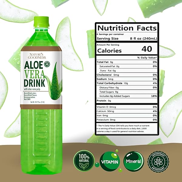 NATURE’S GOODNESS ALOE VERA DRINK WITH PULP – 50.7 FL OZ (1.5 L) – REFRESHING BEVERAGE WITH REAL ALOE VERA JUICE