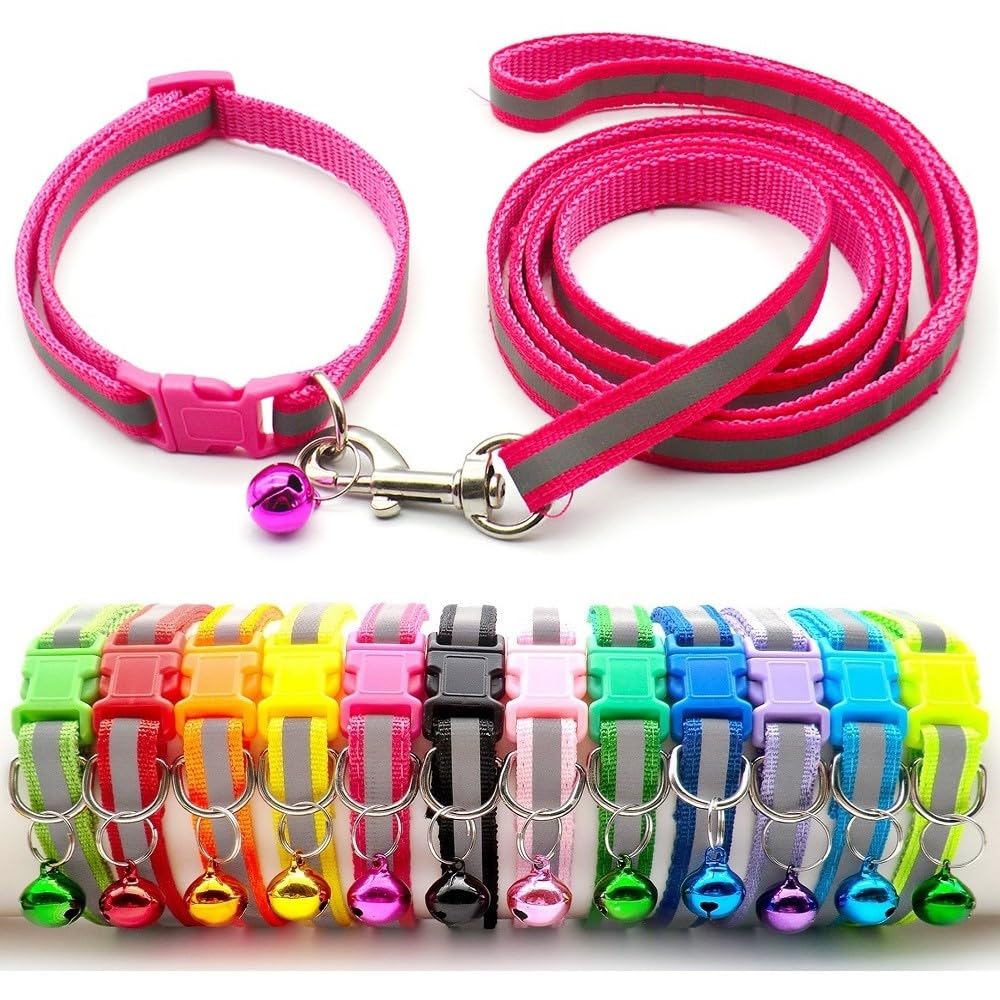 Small Dog Puppy Pet Collar and Lead Set Reflective Hi-Vis Strip Nylon Adjustable Size 19-32cm Collar with Bell and 120cm Leash Rose