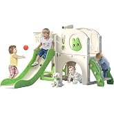 NYEEKOY 8 in 1 Toddler Slide and Outdoor Toddler Playset | Indoor Slide for Toddlers 1-3 with Stairs, Tunnel, Telescope, Storage, Basketball Hoop and Ball,and Storage Space, Green