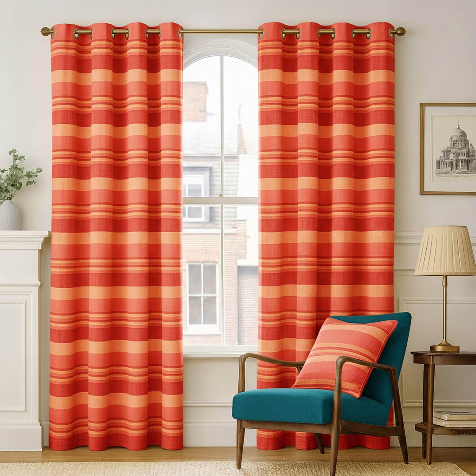 HOMESCAPES Terracotta Eyelet Curtain Pair 137cm (54") Wide x 137cm (54") Drop Morocco Stripe Design Ring Top Curtain Pair